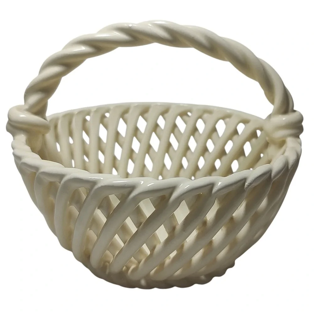 Vintage Woven Glass Basket Weave Twisted Handle Cream Springtime Five Inches SEE